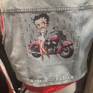 Denim Jacket with Betty Boop Motorcycle Graphic - Pink Accents